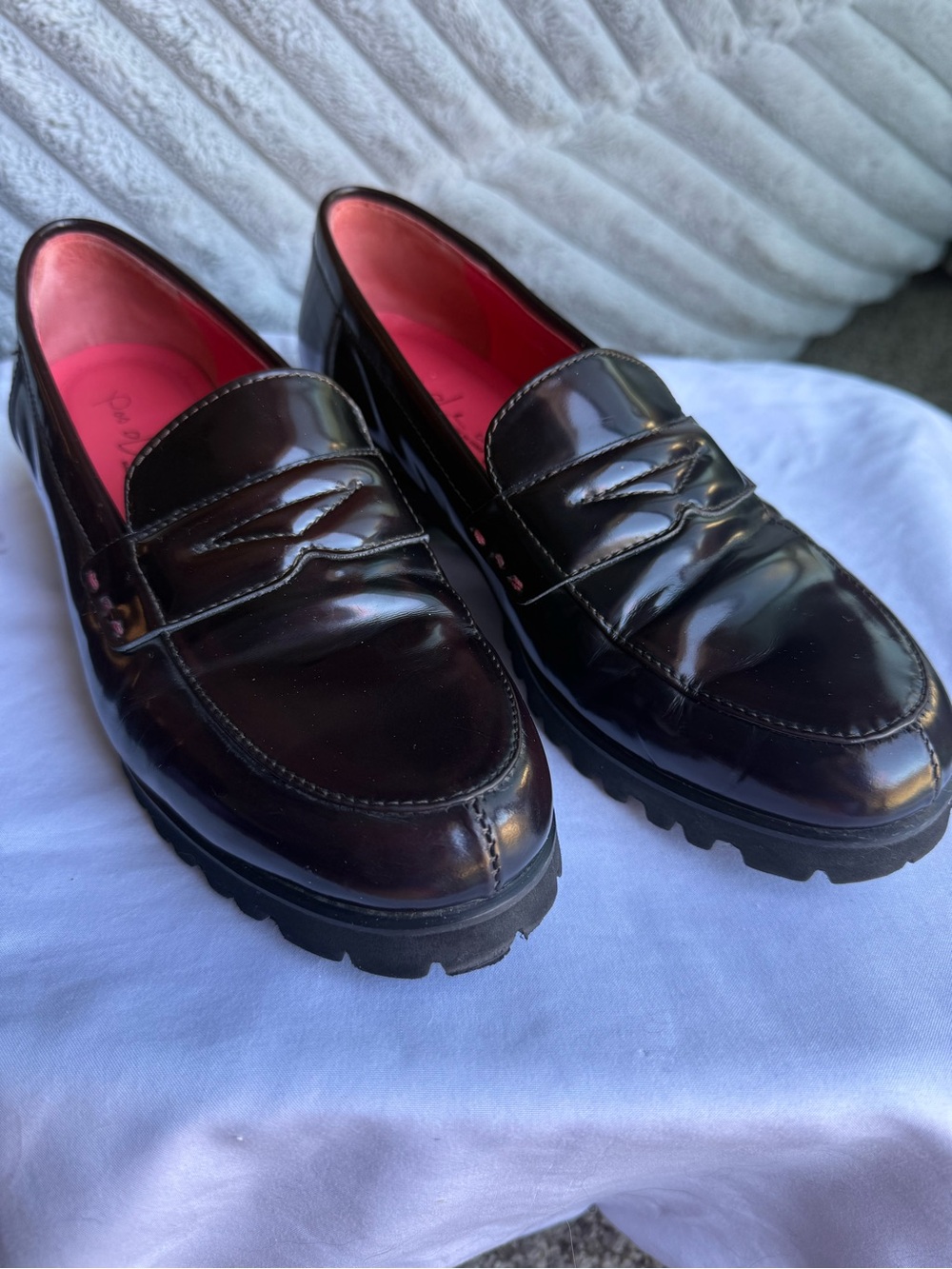 Pas de Rouge Patent Leather Penny Loafers 8 38.5 Oxblood Burgundy Lug Sole Italy